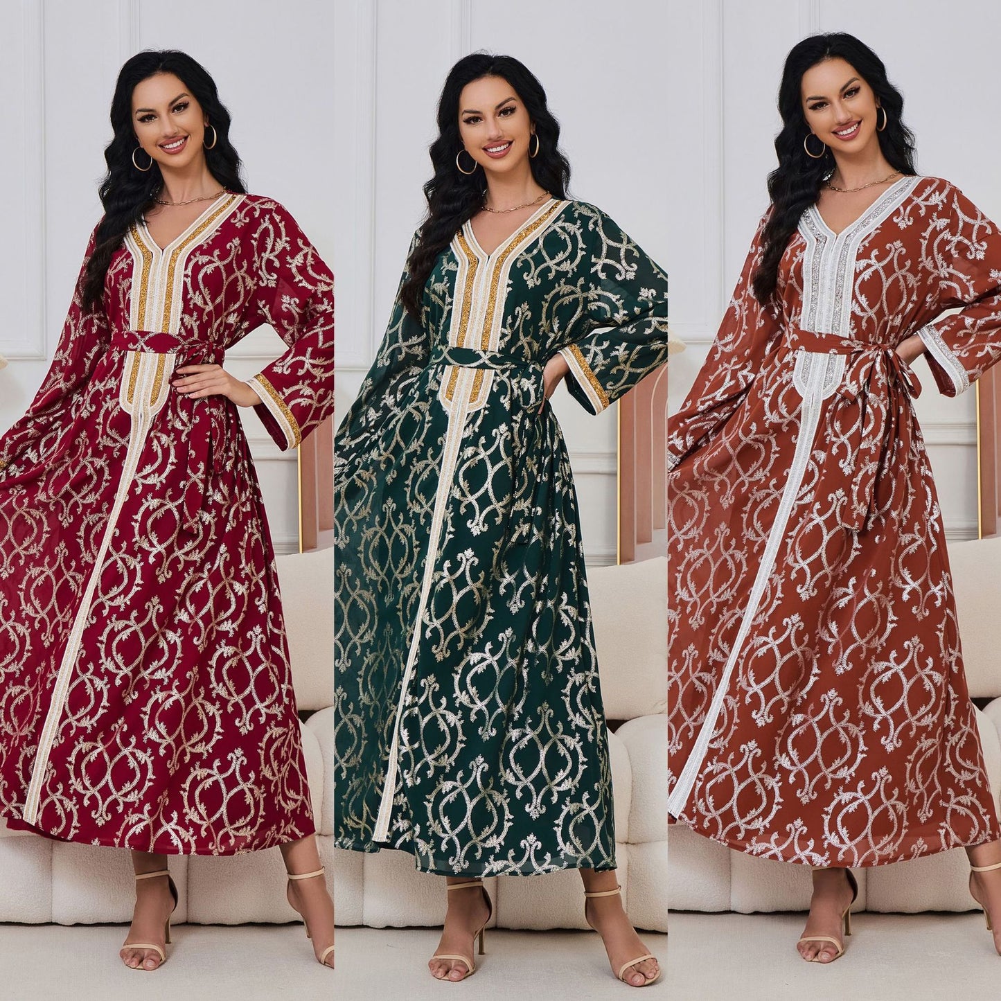 MT103 Middle East New women's robe Arabian clothing new V-neck bronzing long-sleeved Popular trade dress