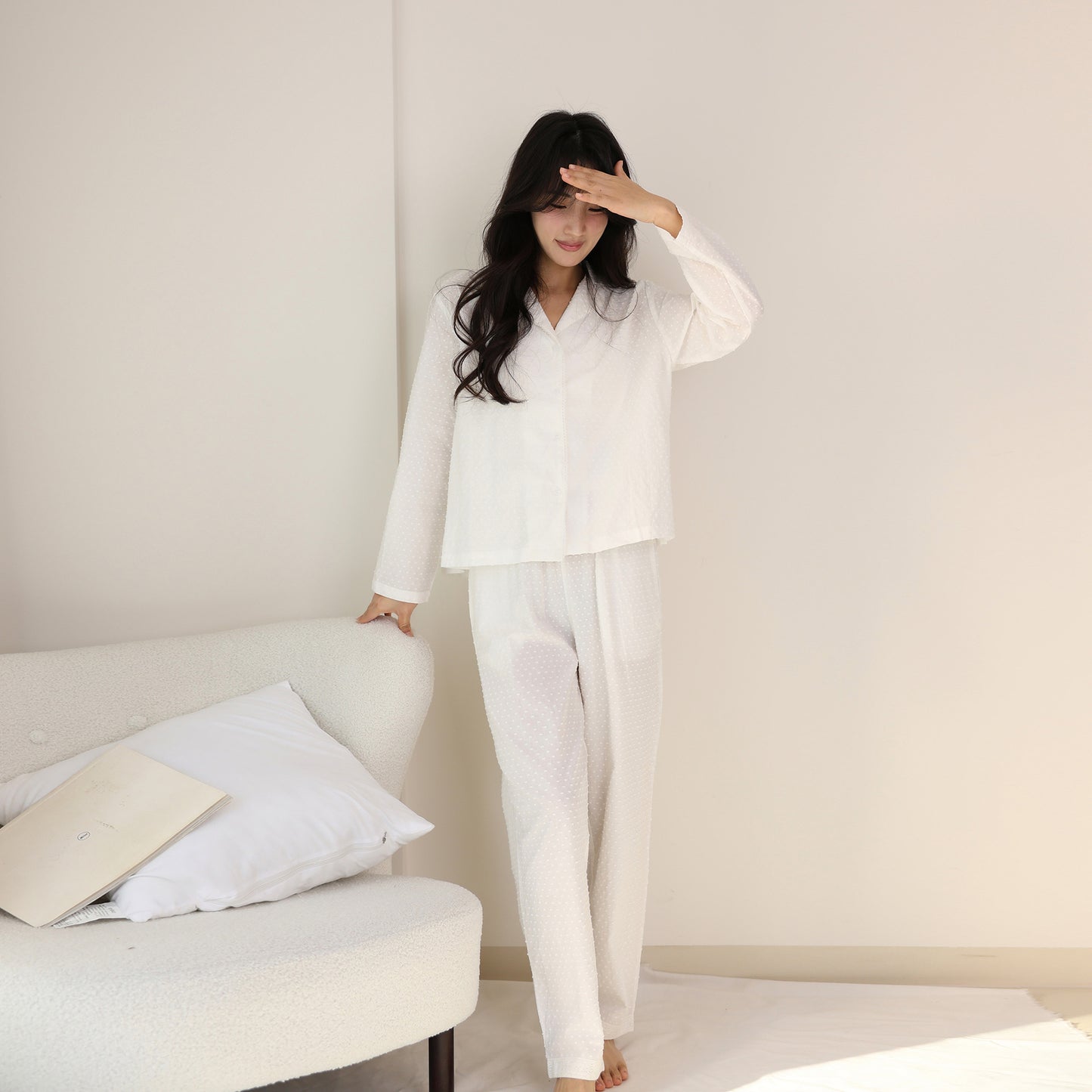 Lazy casual pure cotton women's loungewear three-dimensional cut flower high-end pajama set, flip-neck long-sleeved two-piece set