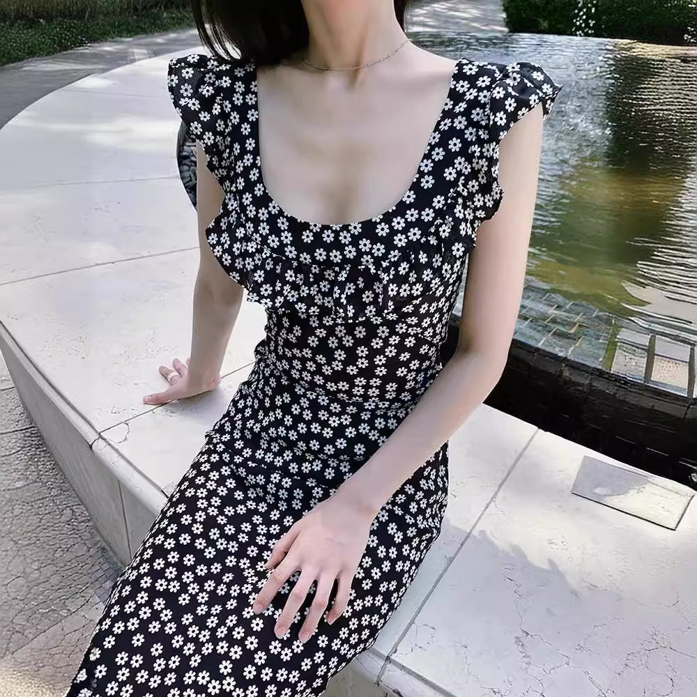 2025 summer sweet lady strap casual sleeveless dress female summer fairy ruffle floral skirt
