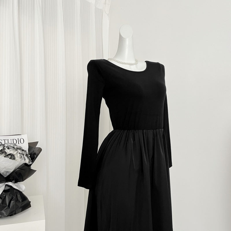 2025 coffee break black long-sleeved dress for children and women, summer spring and autumn new high-end Hepburn style waist dress