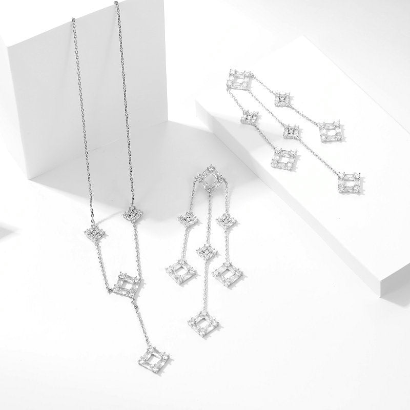 2025 New geometric square zircon inlaid long fringed earrings collarbone chain trendy light luxury high-end jewelry set