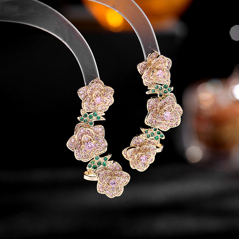 2025 Ethnic style retro rose ear bone clip color zirconium earrings women's S925 silver needle fashion temperament camellia earrings