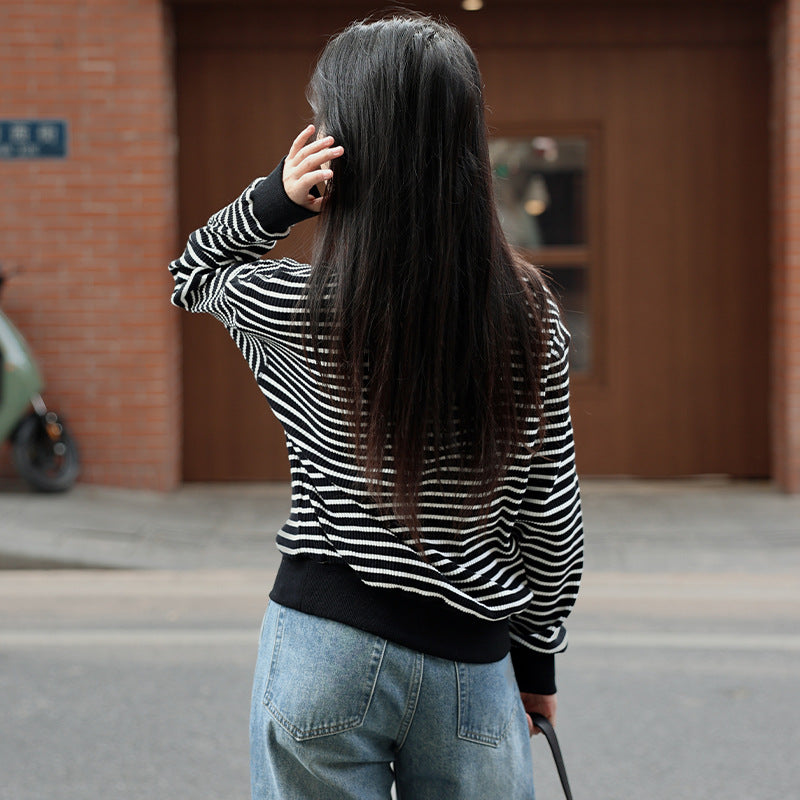 Contrasting striped knitted sweater autumn classic versatile half-open top women's loose and thin crew neck jumper