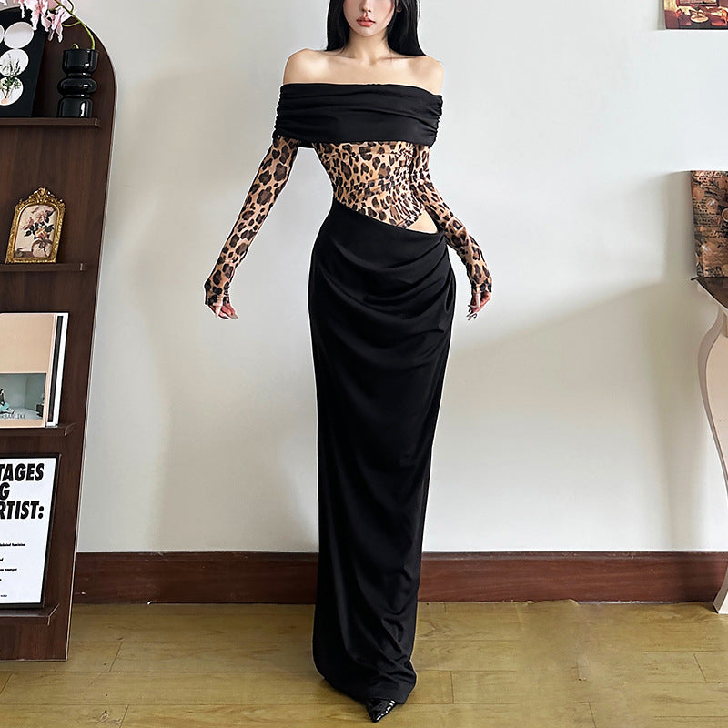 2025 style popular winter new women's clothing fashionable and sexy one-word collar off-shoulder leopard print high split dress