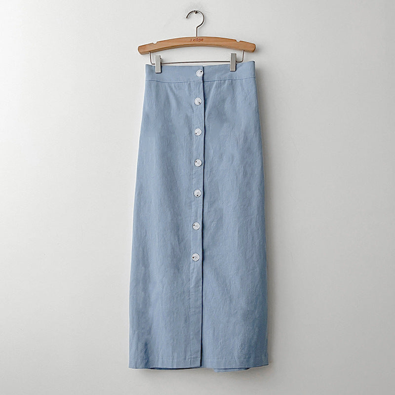 Skirt, medium and long summer women's clothing, Japanese blue skirt, elastic waist, hip-wrapped breasted design, over-the-knee A-shaped skirt