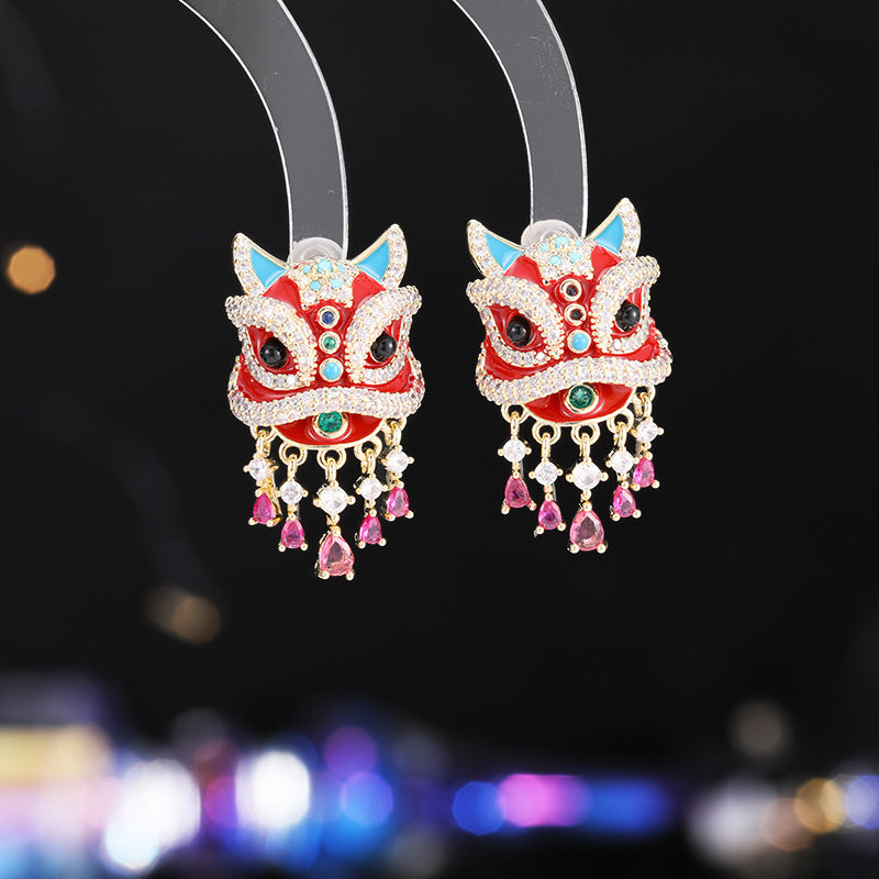 2025 New Chinese style Guochao lion dancing fringed earrings s925 silver needle high-end New Year's retro personalized fashion earrings