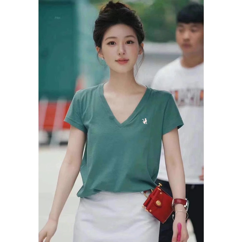 Siyuan 25 Spring and Summer Shoulder V-Neck Fox Embroidery Pure Cotton Slim Skinny T-Shirt Short Sleeve Women's Top 7771