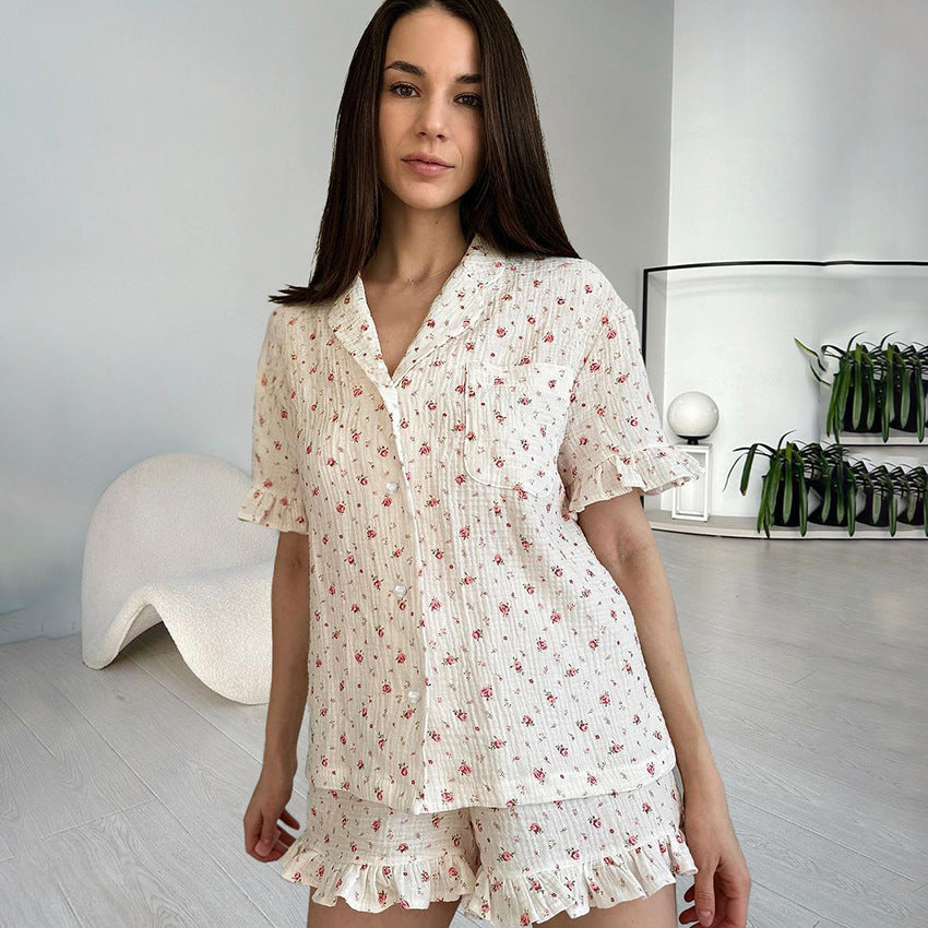SIXSR 2025 spring pure cotton printed underwear short-sleeved cardigan shorts three-piece loungewear women's comfortable pajamas
