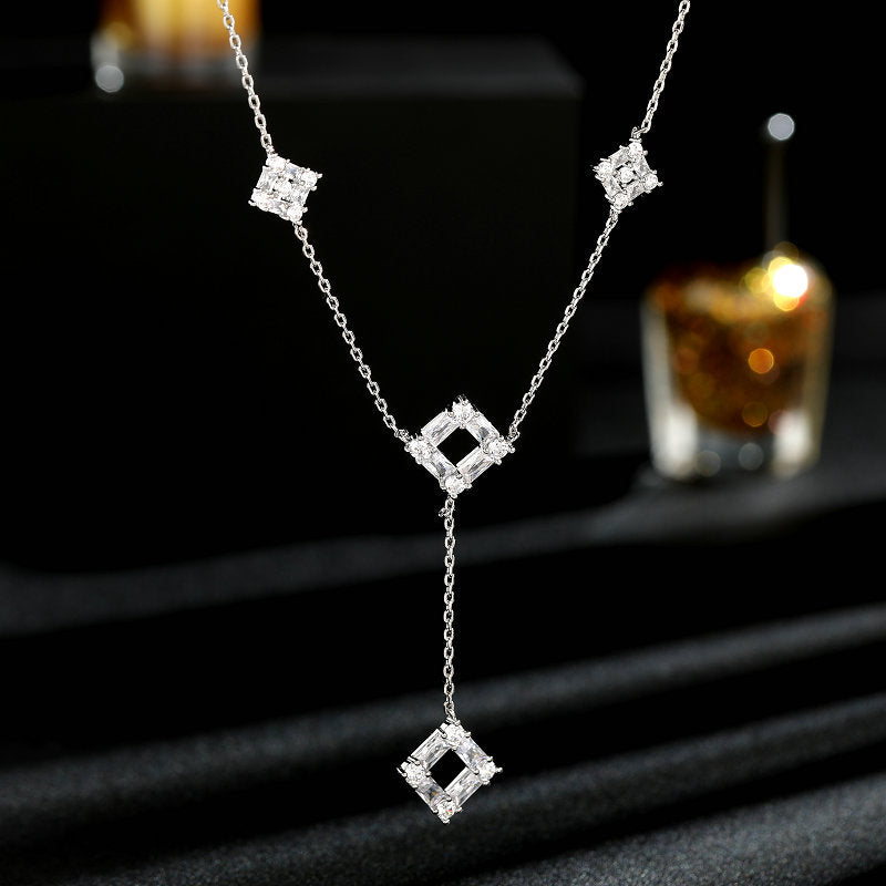 2025 New geometric square zircon inlaid long fringed earrings collarbone chain trendy light luxury high-end jewelry set