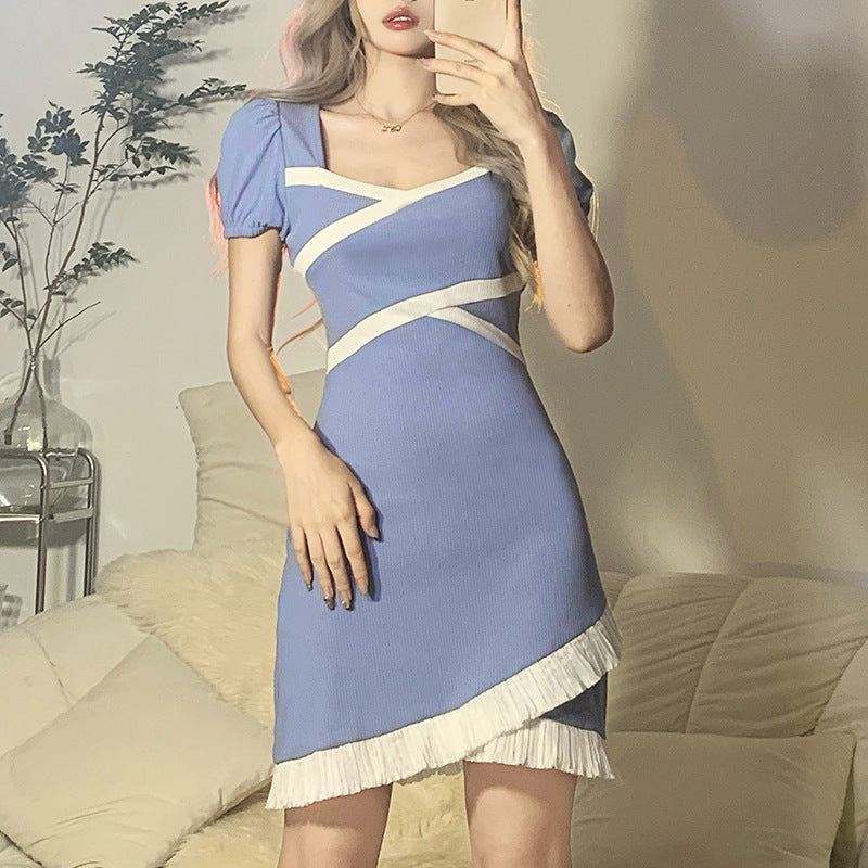 2022 2025 style New autumn new women's clothing solid color slim-fitting high-waisted fashion lace square neck short-sleeved dress