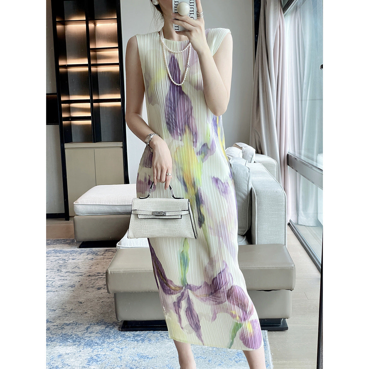Pleats summer new national style printed sleeveless Miyake dress temperament advanced sense slim and thin dress