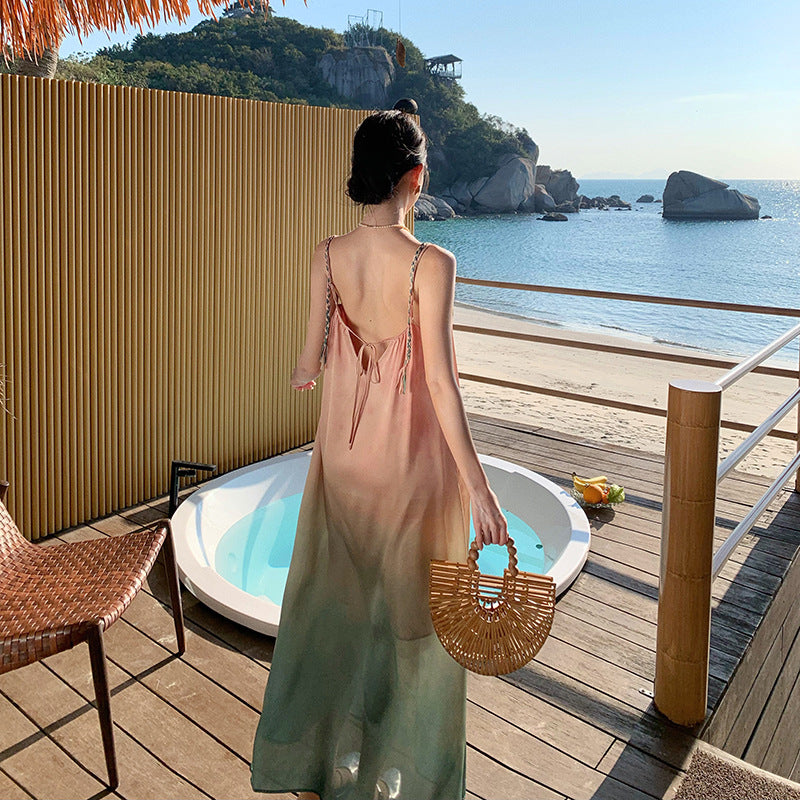 2025 Seaside holiday wind gradually change color smudge loose suspender beach skirt summer dopamine dress atmosphere super fairy