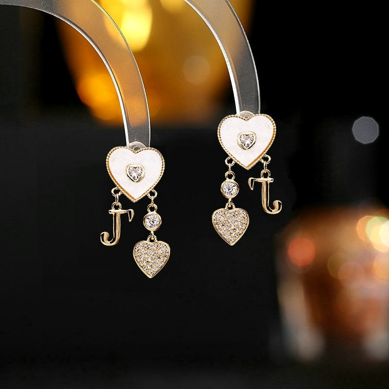 2025 S925 silver needle niche fresh temperament earrings zircon inlay fashion design sense love letter red heart J stud earrings