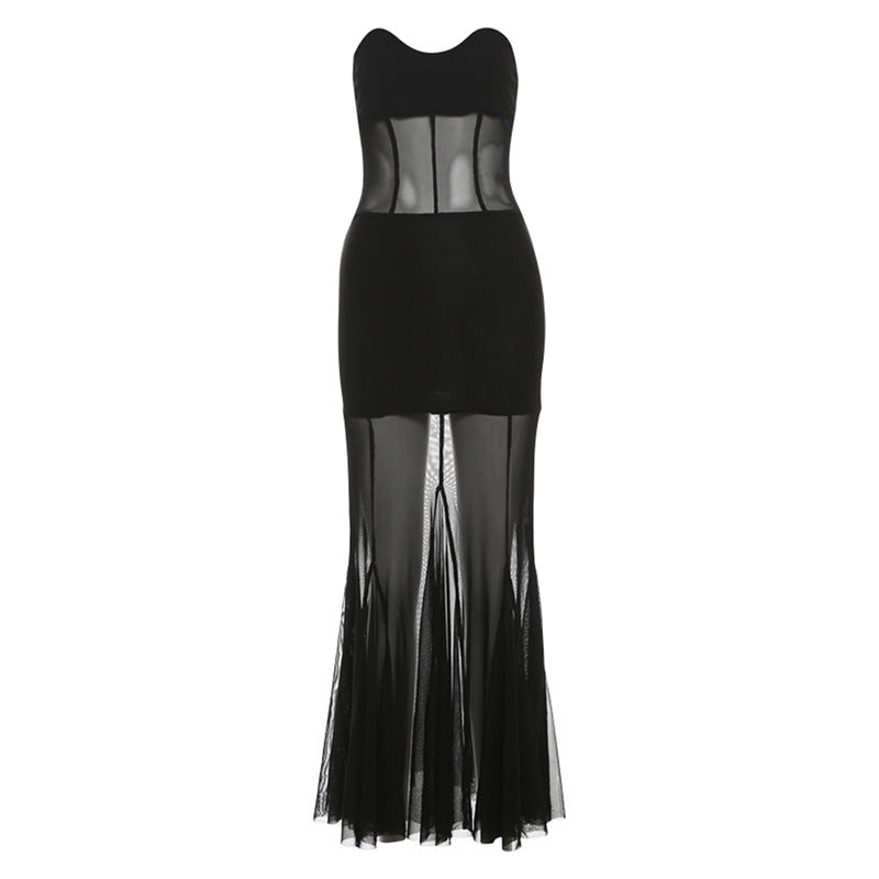 2025 style 2025 spring new women's clothing elegant and fashionable black long dress tight perspective fishtail dress