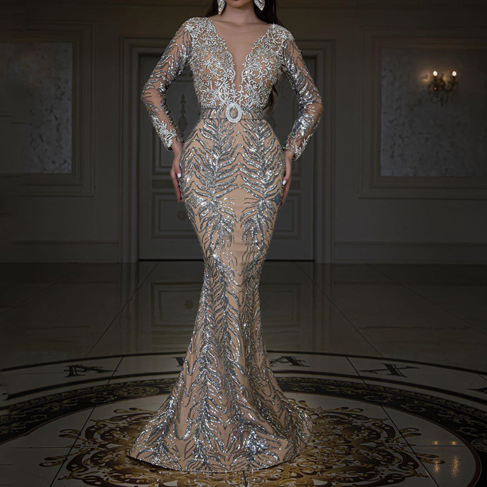 new women's New dress bronzing long-sleeved slim-fitting sexy fishtail mopping evening dress