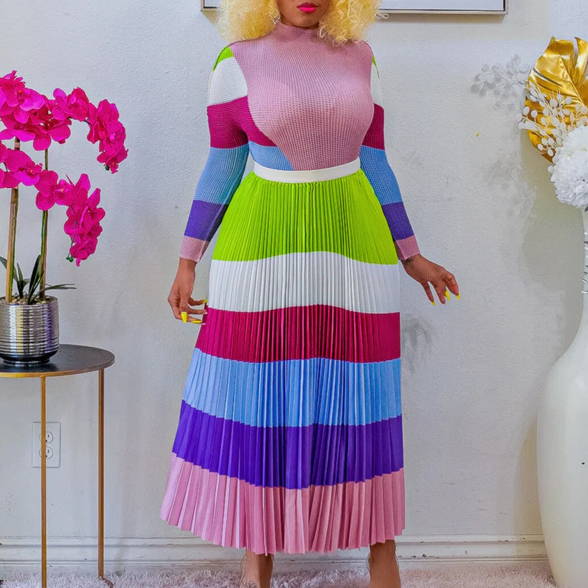 SIXSR D420 autumn pleated print contrasting suit long-sleeved top fashion skirt 2025 two-piece set