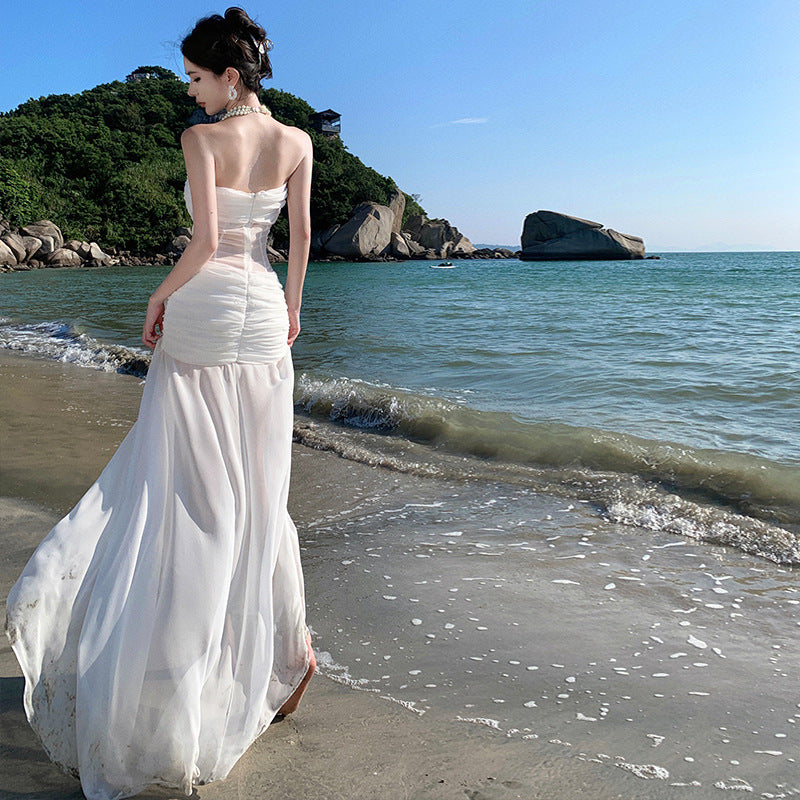 2025 Seaside vacation beach dress pure desire wind hottie sexy word shoulder tube top slim hip skirt backless dress summer