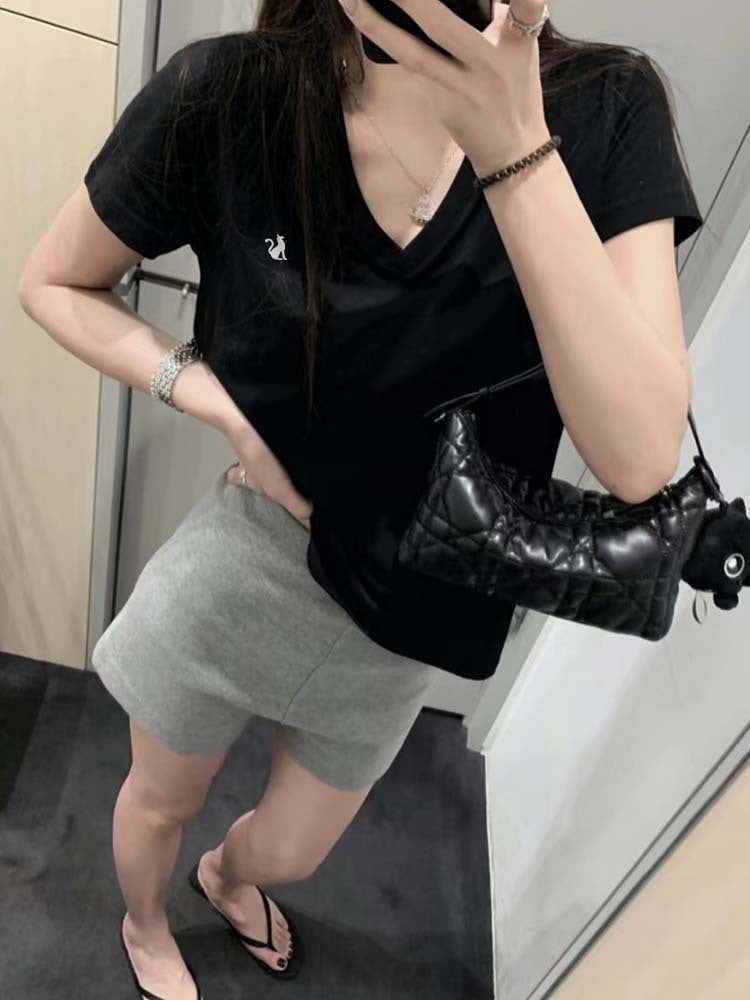 Siyuan 25 Spring and Summer Shoulder V-Neck Fox Embroidery Pure Cotton Slim Skinny T-Shirt Short Sleeve Women's Top 7771