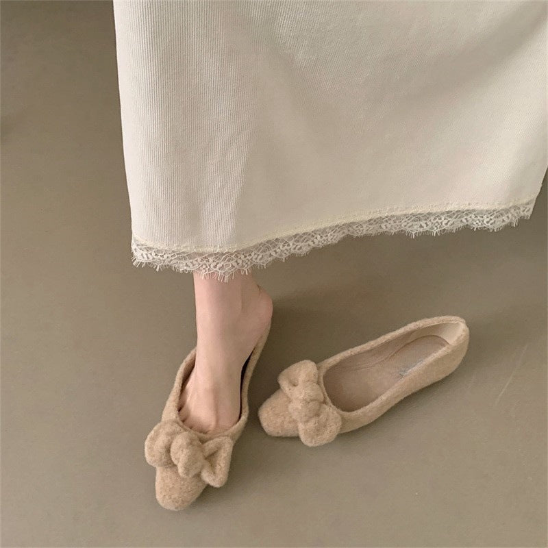 2025 gentle fairy wind fluffy shoes female outer wear popular new square head bow evening soft sole single shoes laden shoes