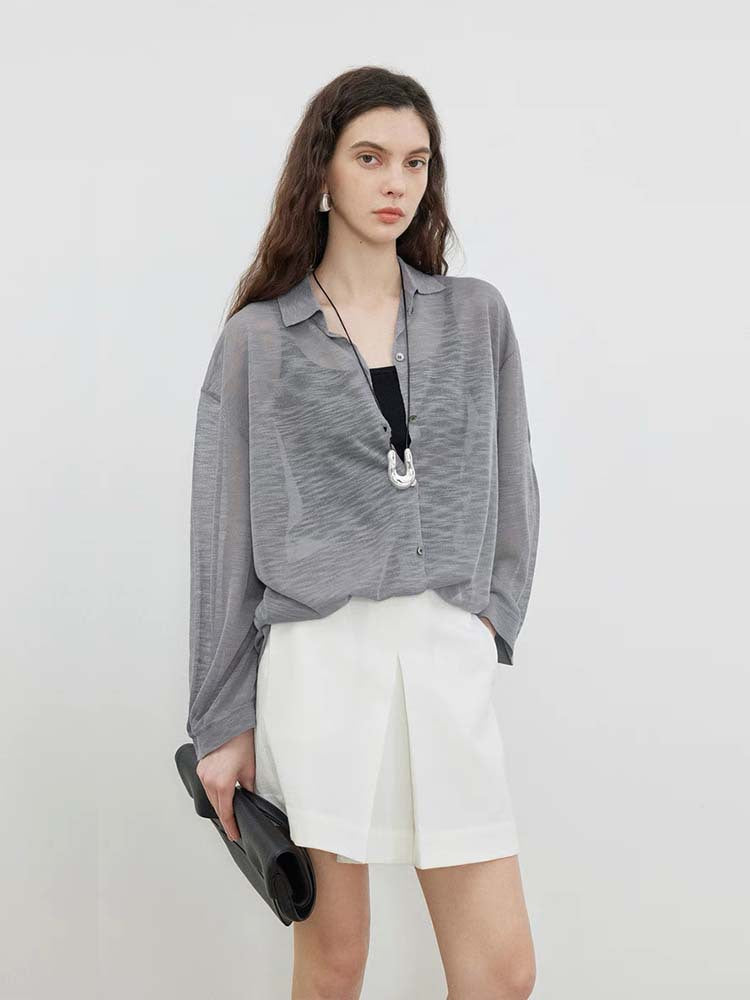 Siyuan, super cool bamboo knuckle hemp texture yarn + simple POLO collar lazy wind silhouette sunscreen shirt women 9018