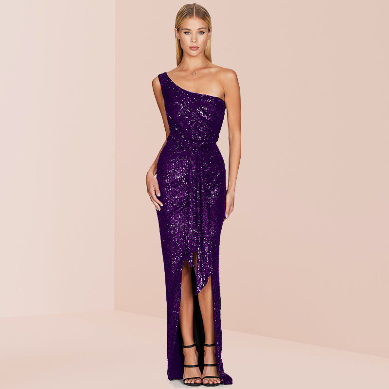 SIXSR 2025 OEM 2025 women's clothing split-ended halter dress independent station single shoulder sequined belt dress women's wholesale