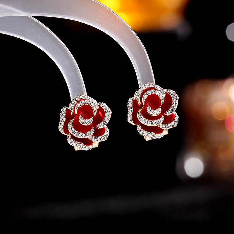 2025 Korean version of fashion 2023 new flower earrings, socialite dripping oil rhinestone earrings, women's 925 silver needle camellia stud earrings