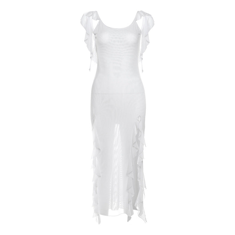 2025 style popular summer new women's clothing perspective suspender slim dress slit wavy edge dress