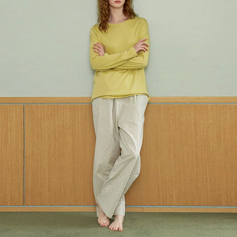 Spring loungewear two-piece set solid color round neck long-sleeved T-shirt + elastic waist striped trousers set women's clothing can be worn outside