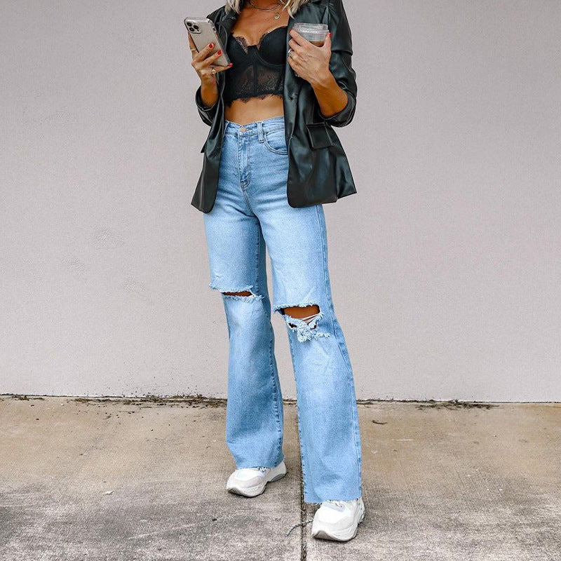 2025 Factory direct sales independent station women's jeans ripped and thin rough edge straight wide-leg pants spot