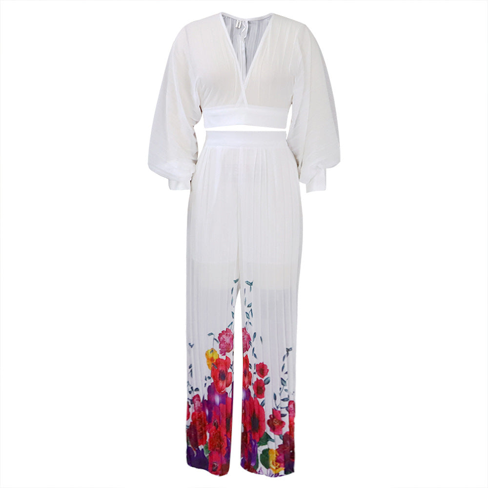 SIXSR Hot trade fashion suit popular new women's V-neck bat-sleeved chiffon top pleated wide-leg pants New two-piece set