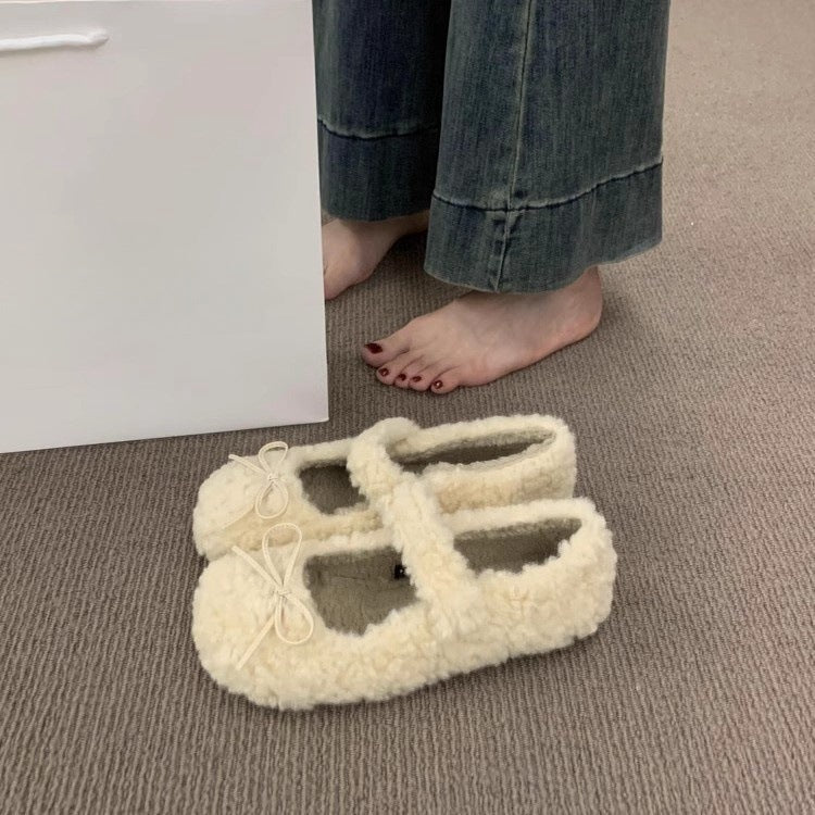 2025 Mao Mao shoes women wear in autumn and winter popular new fairy round head single shoes bow versatile velvet thermal cotton ladyshoes