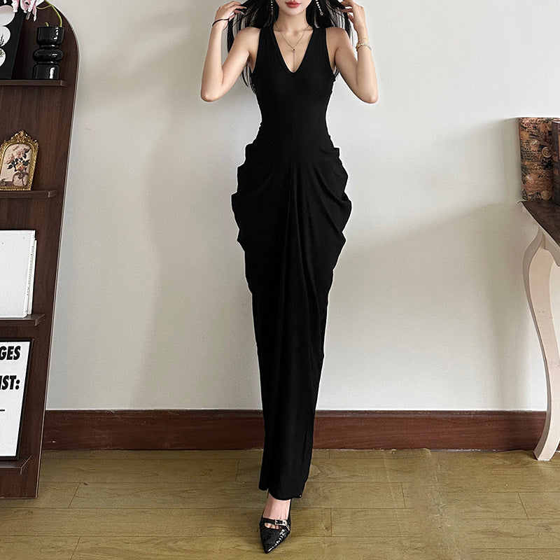 2025 style 2025 spring new women's clothing black sleeveless deep V long noble temperament dinner dress