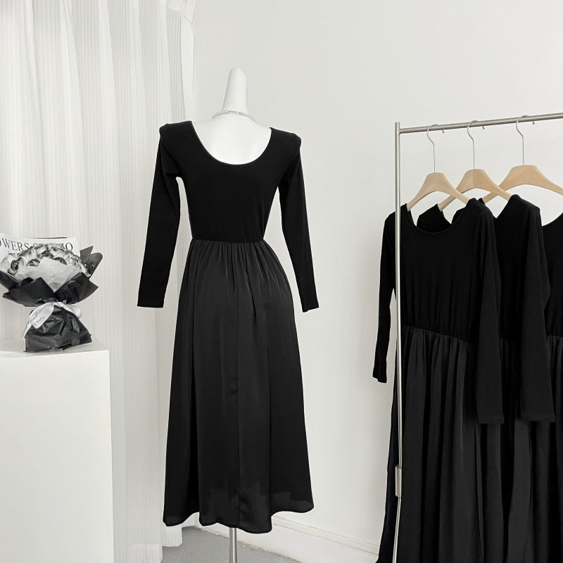 2025 coffee break black long-sleeved dress for children and women, summer spring and autumn new high-end Hepburn style waist dress