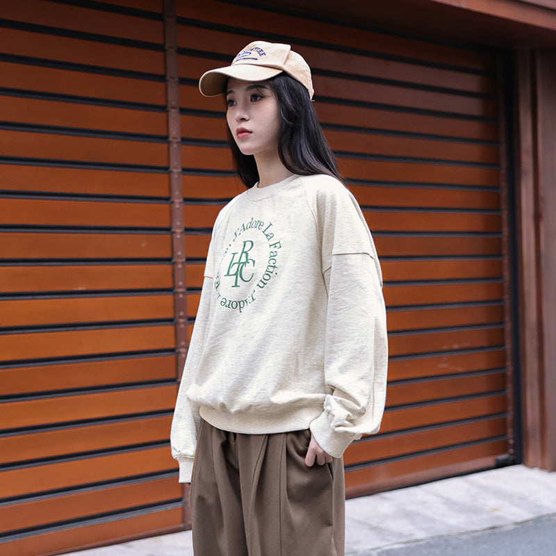 Japan and Korea casual round neck long-sleeved jumper autumn and winter atmosphere contrasting top letter printing versatile pure cotton sweater