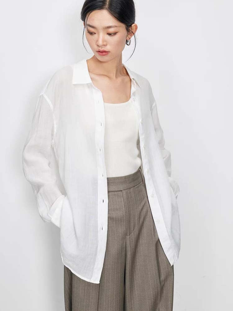 Siyuan advanced sense perspective light ramie shirt women's spring and summer simple solid color loose sunscreen long-sleeved top 7852