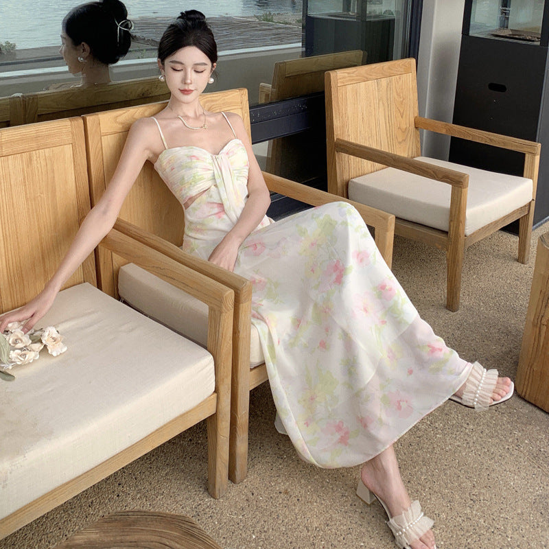 2025 Seaside wear suspender long dress high sense women summer vacation wind waist tube top dress floral chiffon beach dress