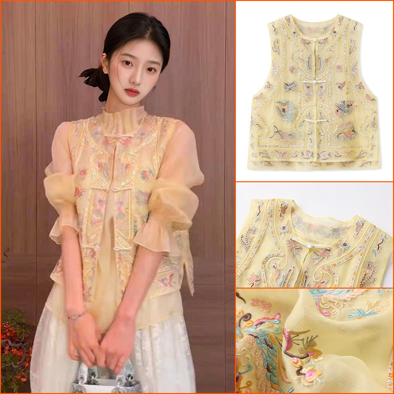 Guofeng retro buckle jacquard embroidered vest 2025 new unique design mulberry silk round neck vest N2022
