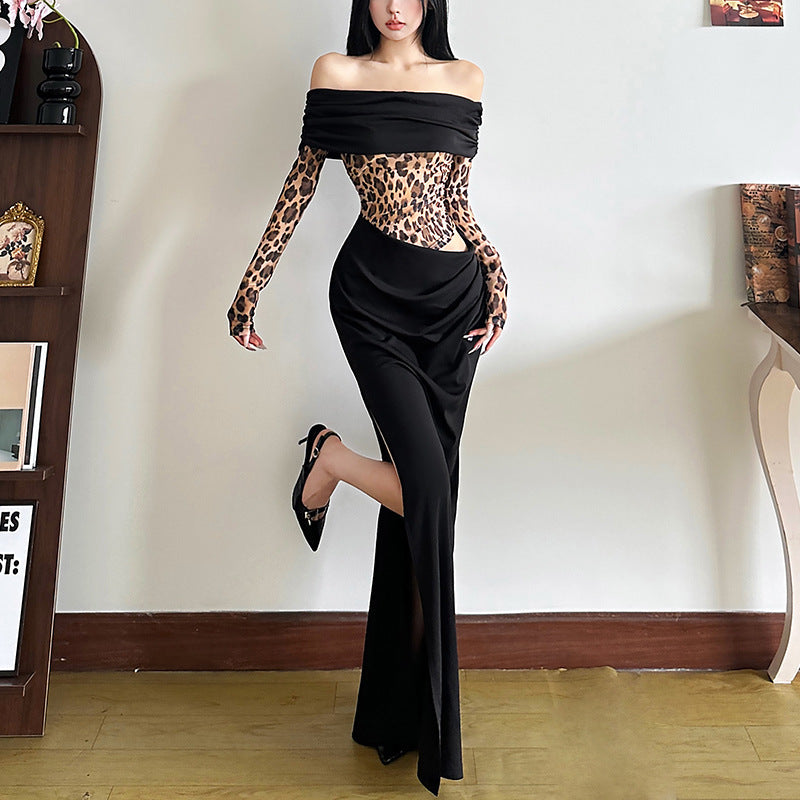 2025 style popular winter new women's clothing fashionable and sexy one-word collar off-shoulder leopard print high split dress