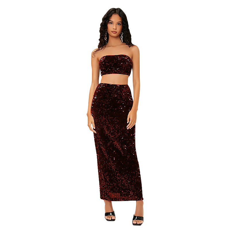 SIXSR 2025 Spice Girls Suit Women's Clothing Tube Top Sequin Suit Skirt Split Fork Fashion Light Ripe Two-piece Suit Women's Wholesale