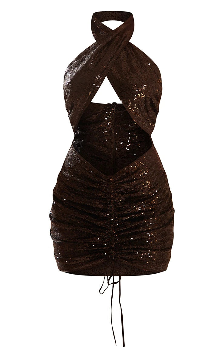 SIXSR popular 2025 women's clothing neck halter hollow hip dress pure desire wind pleated sequin Spice Girl dress women