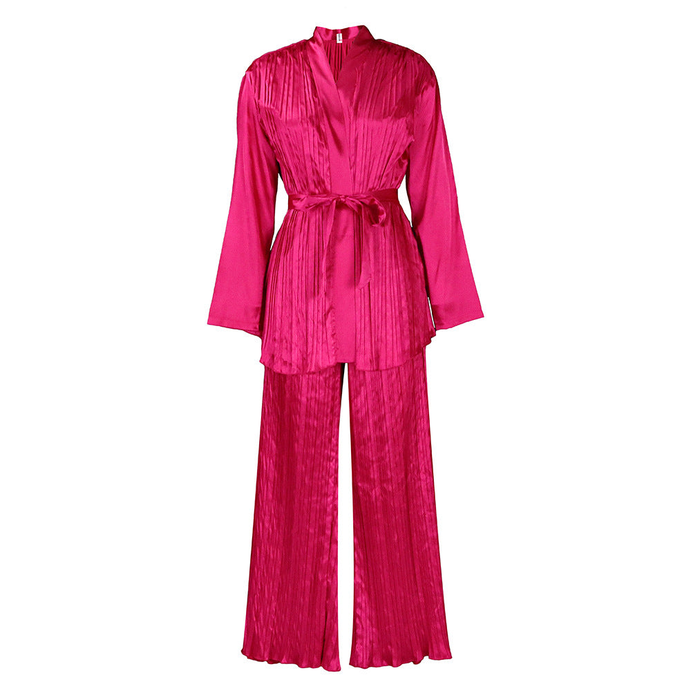 SIXSR D360 New women's clothing solid color pleated loose long-sleeved strap shirt trousers two-piece set Popular trade set
