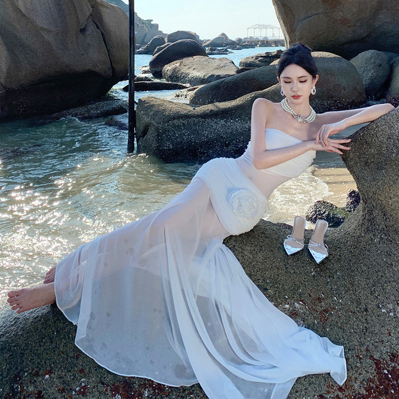 2025 Seaside vacation beach dress pure desire wind hottie sexy word shoulder tube top slim hip skirt backless dress summer