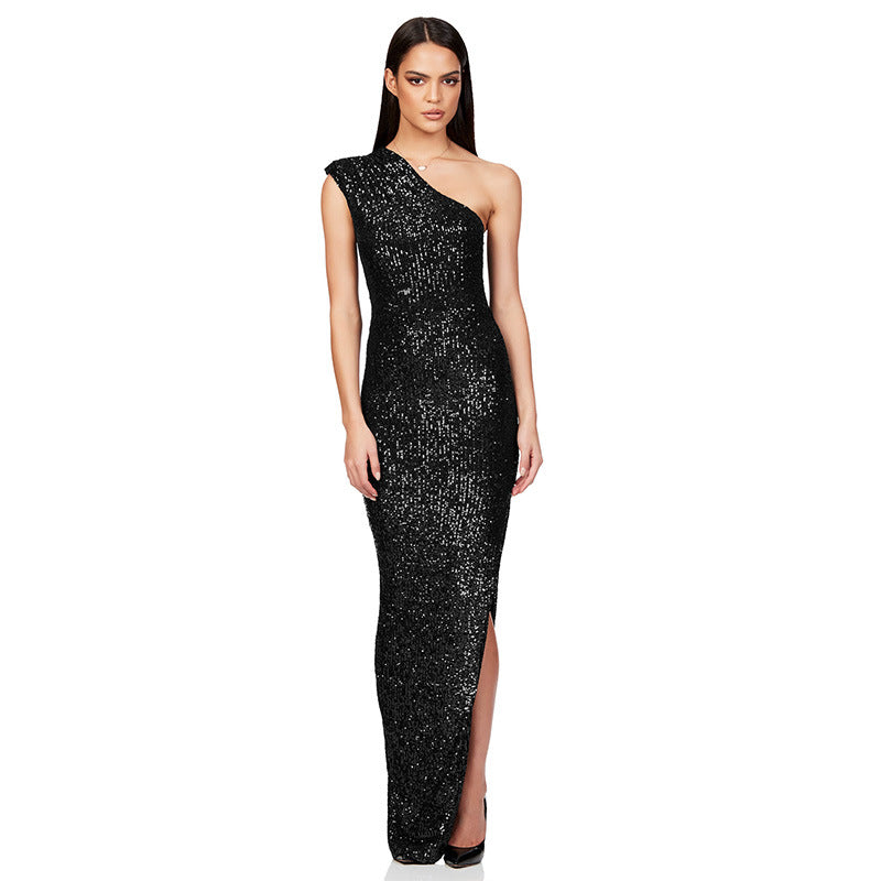 SIXSR 2025 Skirt summer women's clothing INS sleeveless one-shoulder split sequined long dress 2025 temperament dress women's wholesale