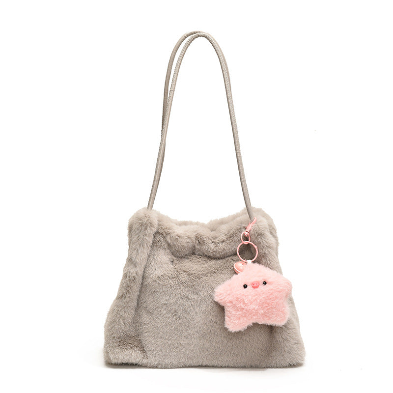 SIXSR 2025 Korean version of fashion plush tote bag popular new large-capacity cute star shoulder bag fluffy girl hand bag