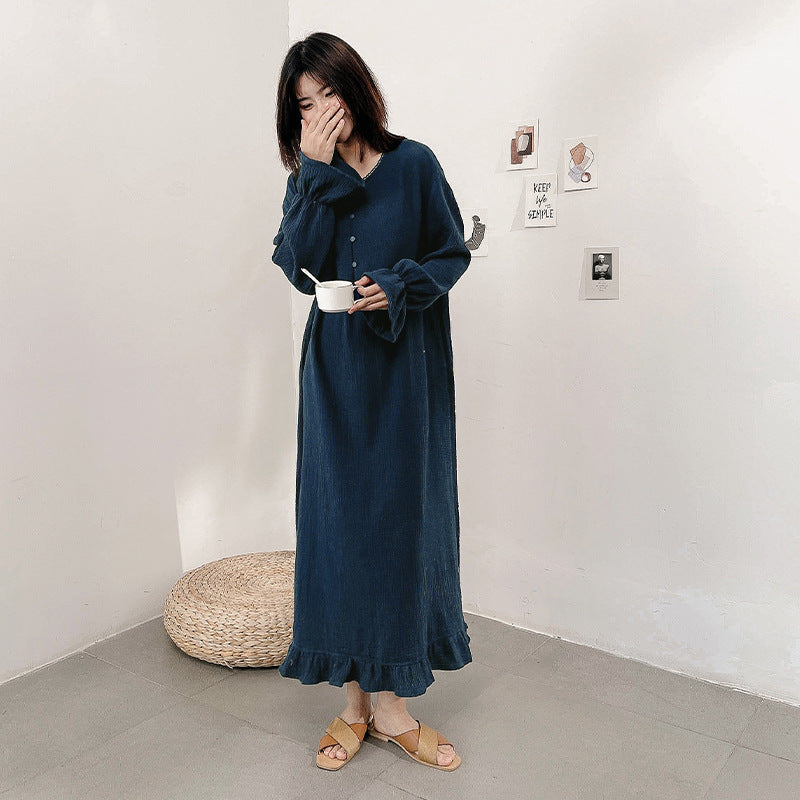Gentle and lazy ins style, new cotton crepe long dress, sweet girl loose simple pajama dress