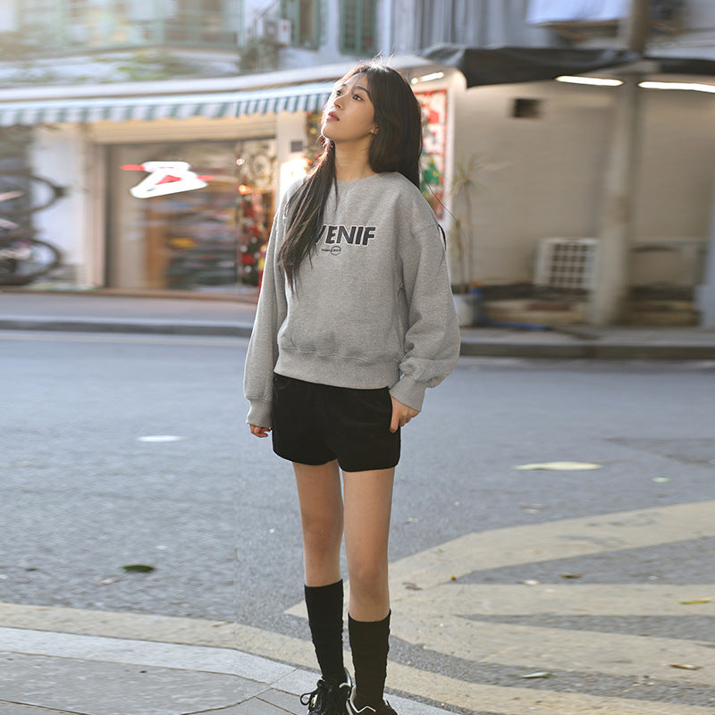 Contrasting color letter printing sweater women's autumn and winter new n retro jumper loose casual crew neck long-sleeved top