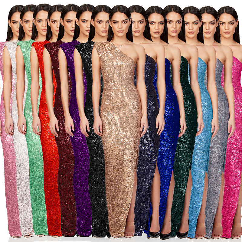 SIXSR 2025 Skirt summer women's clothing INS sleeveless one-shoulder split sequined long dress 2025 temperament dress women's wholesale