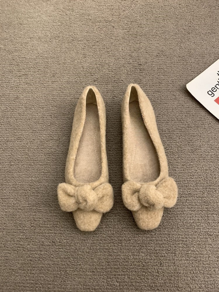 2025 gentle fairy wind fluffy shoes female outer wear popular new square head bow evening soft sole single shoes laden shoes