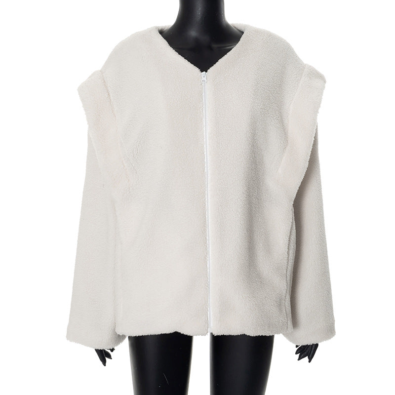SIXSR D24TP430 2025 women's clothing autumn and winter new solid color casual round neck zipper splicing long sleeve lamb wool jacket women