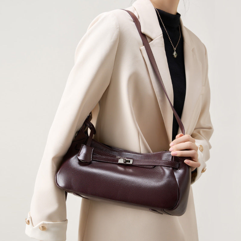 underarm bag women's bag popular new oil wax cowhide shoulder bag niche design high-end retro messenger bag